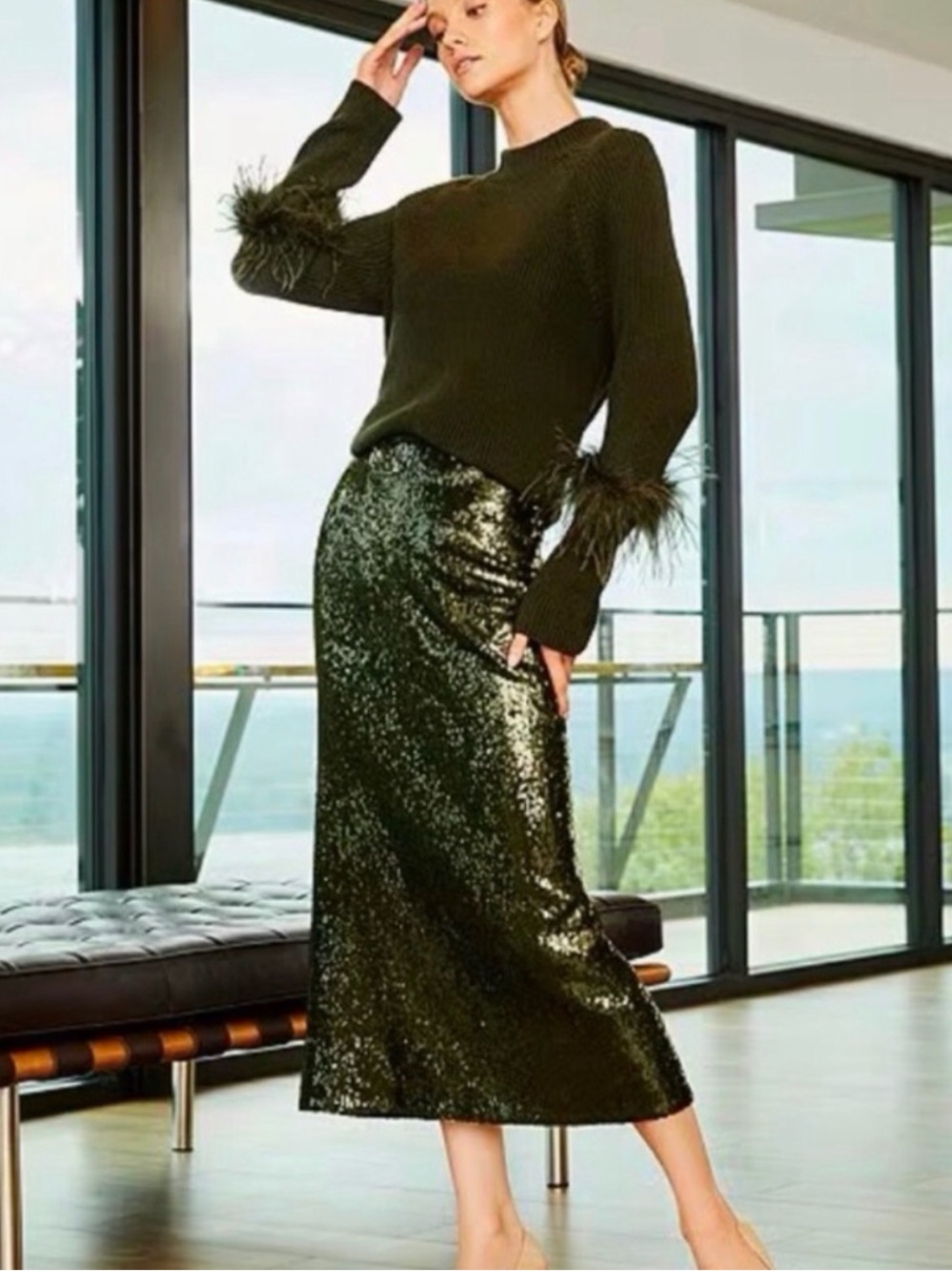 ANTONIO MELANI Olive Green Iman Sequin Midi Skirt in Chive Size 4
